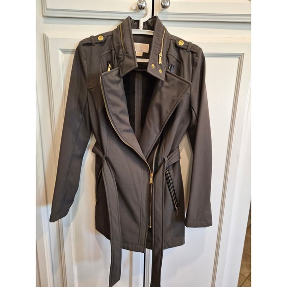 Michael Kors Jackets & Blazers - Michael Kors Womens XS Gray Softshell Jacket Faux Fur Lined Hooded Belted Trench